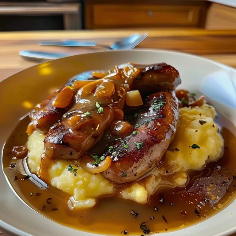 Bangers et Purée avec Sauce à l’Oignon
