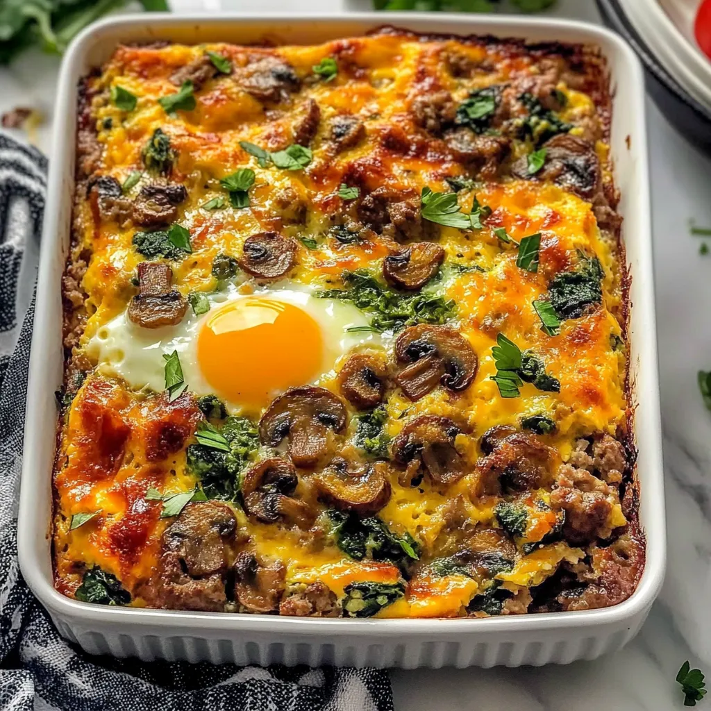 Breakfast Sausage Spinach Mushroom Egg Bake