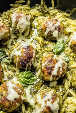 One Pan Baked Pesto Orzo with Juicy Chicken Meatballs