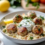 Greek Turkey Meatballs with Lemon Orzo & Creamy Feta Yogurt Sauce